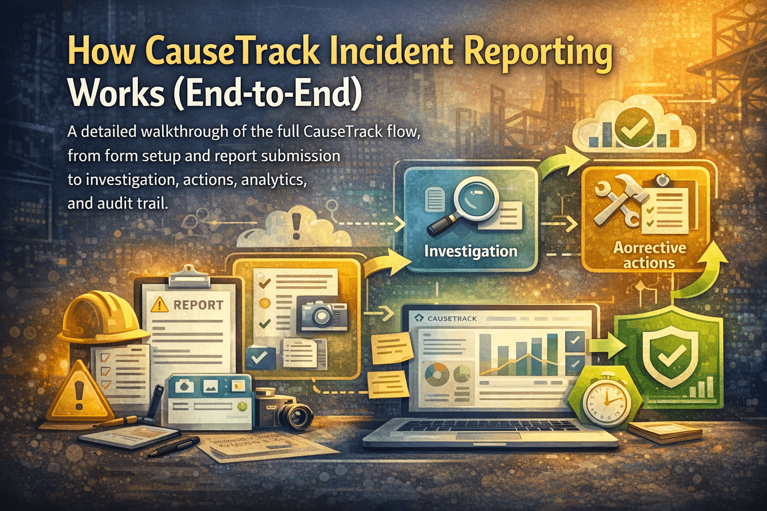 CauseTrack incident reporting workflow cover showing reporting, investigation, and action tracking concepts.