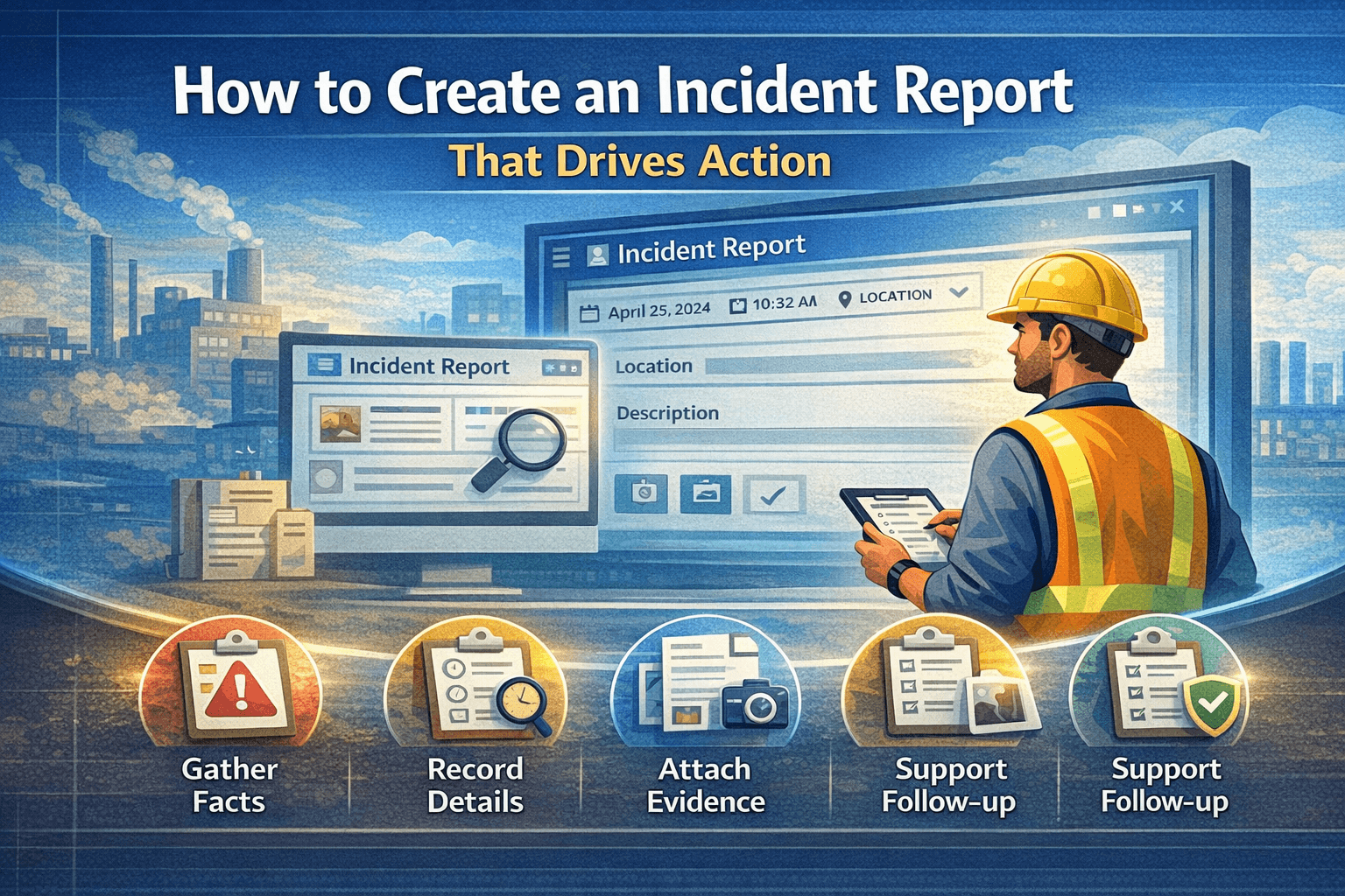 Incident report writing guide cover with structured document and reporting quality visuals.