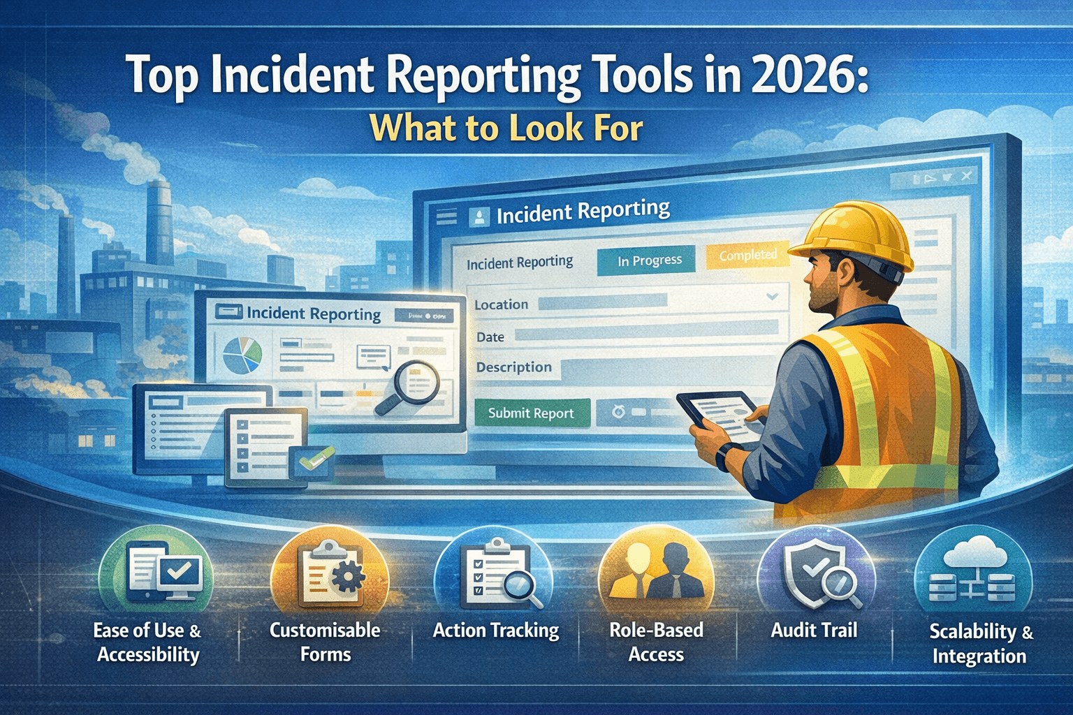 Incident reporting software comparison cover with ranking and evaluation graphics.