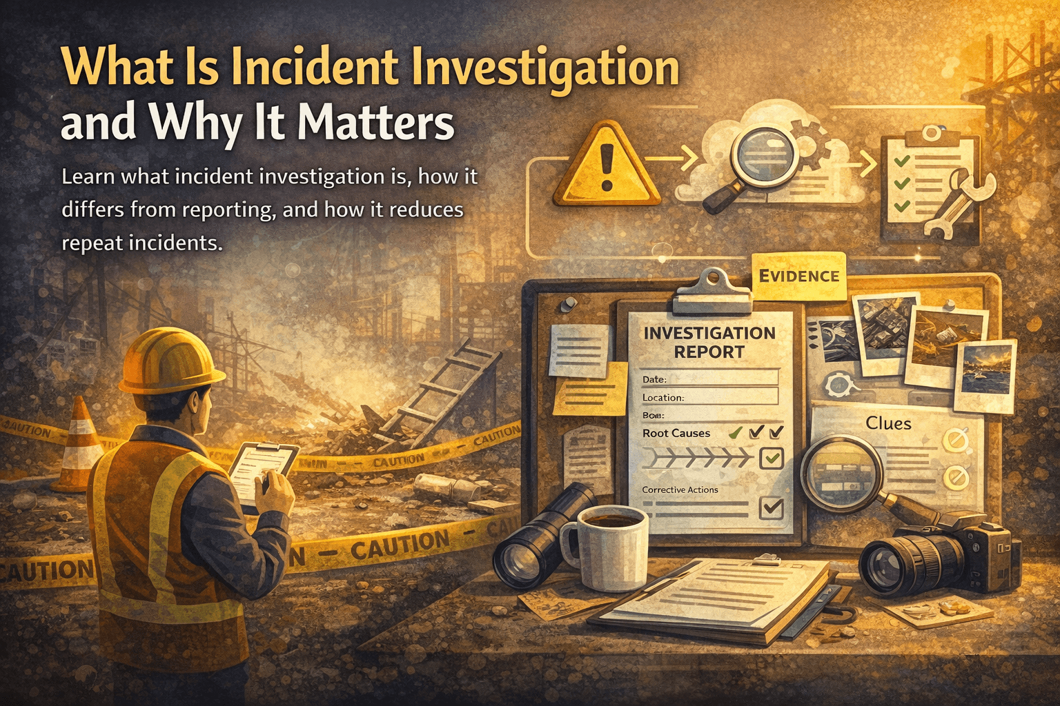 Incident investigation cover with root cause analysis and evidence review themed graphics.