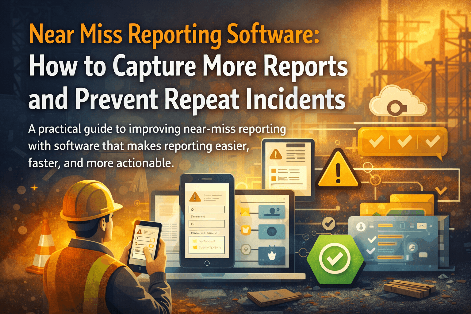 Near miss reporting software cover with early warning and rising risk trend graphics.